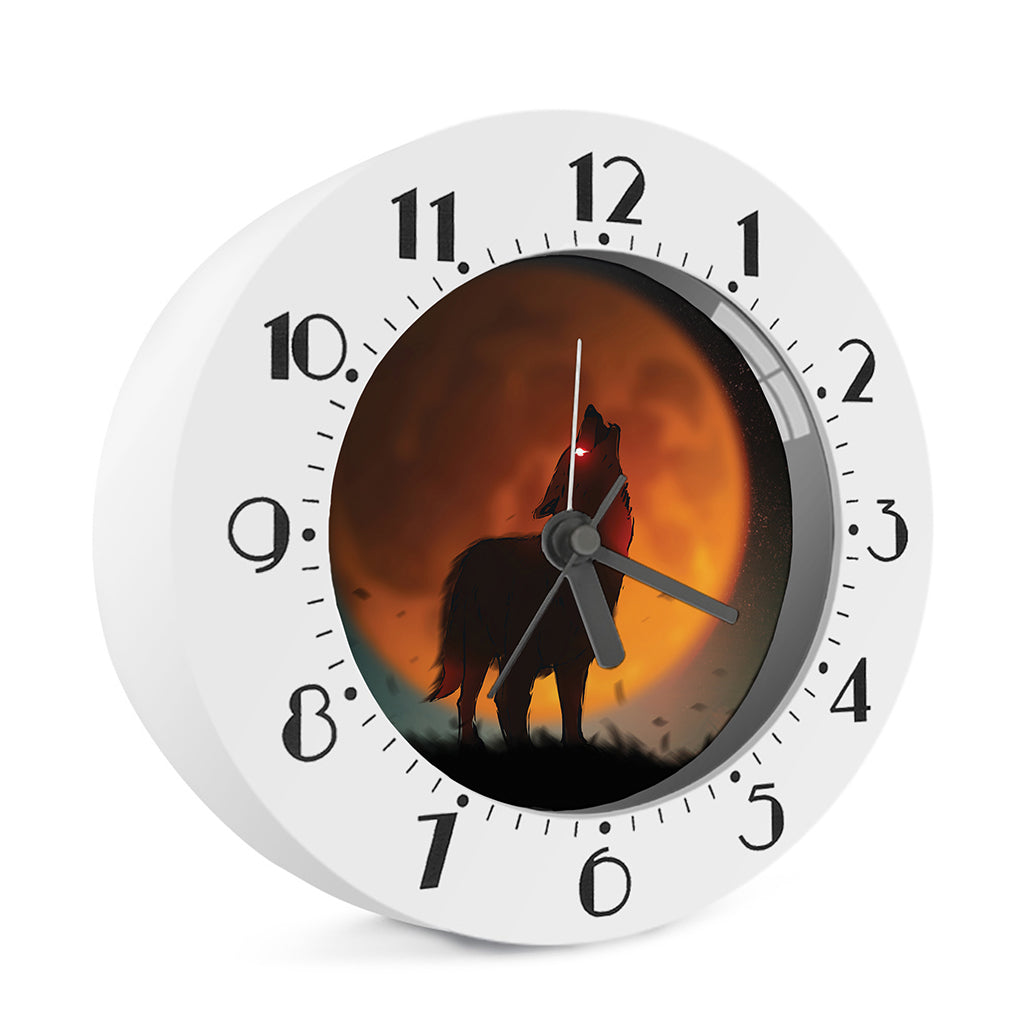 Red Moon Howling Wolf Print Alarm Clock