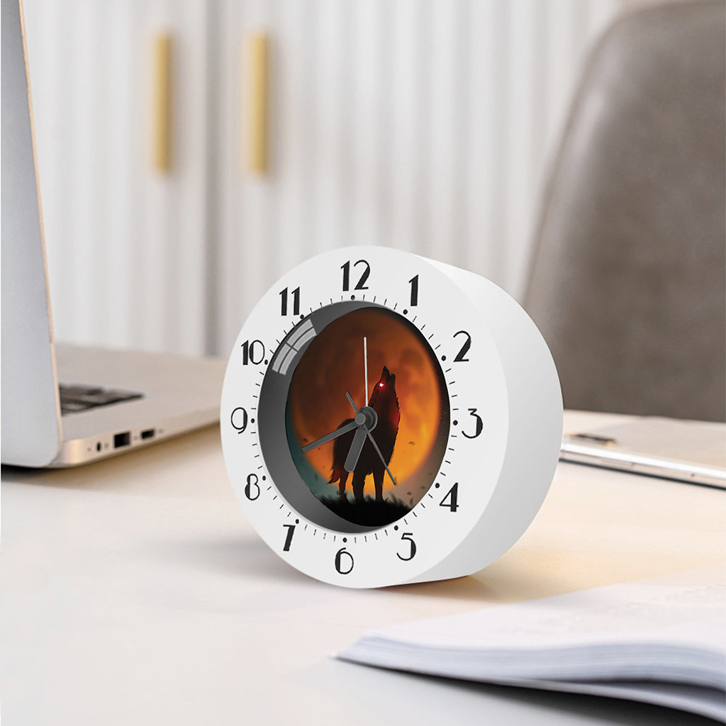 Red Moon Howling Wolf Print Alarm Clock