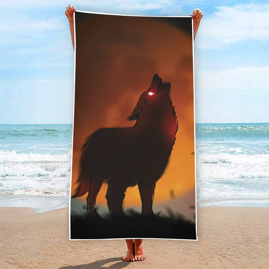 Red Moon Howling Wolf Print Beach Towel