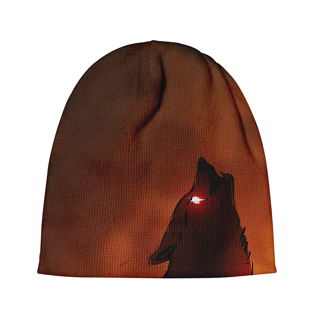 Red Moon Howling Wolf Print Beanie