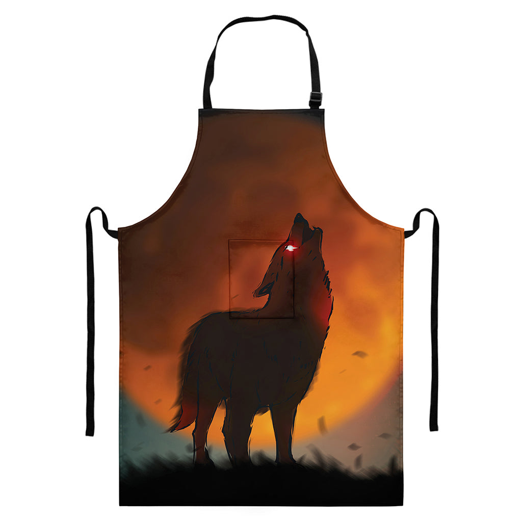 Red Moon Howling Wolf Print Bib Apron With Pocket