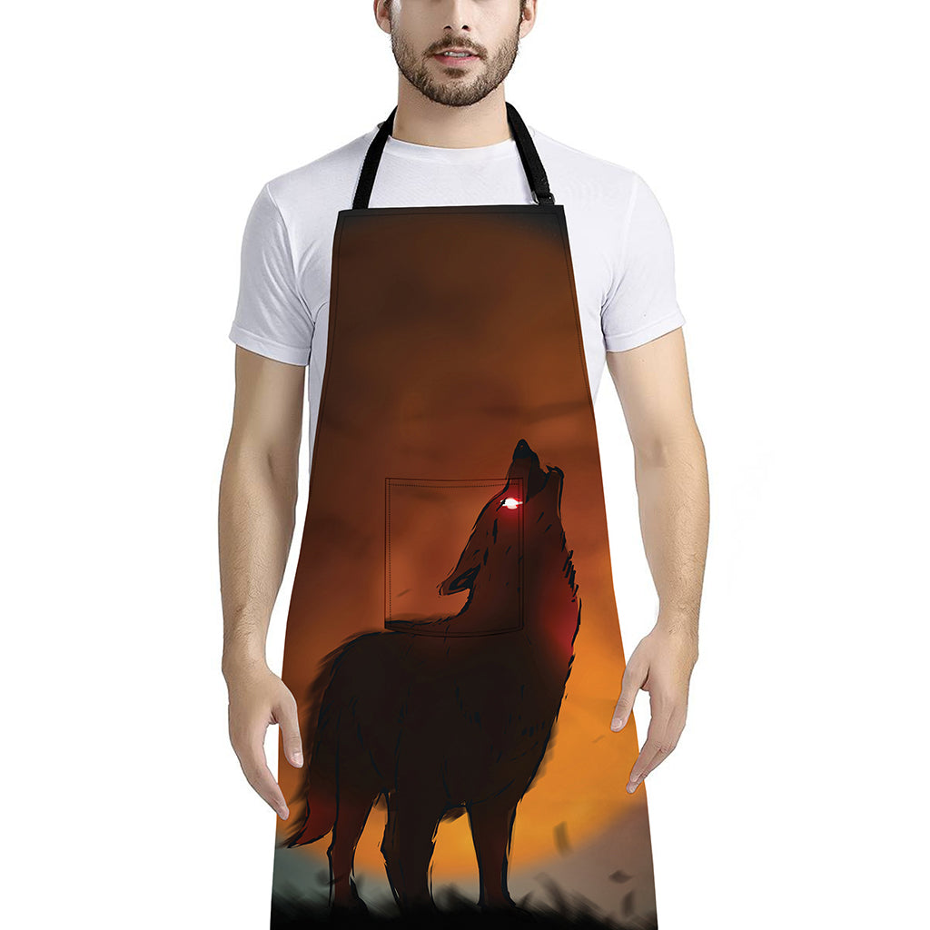 Red Moon Howling Wolf Print Bib Apron With Pocket