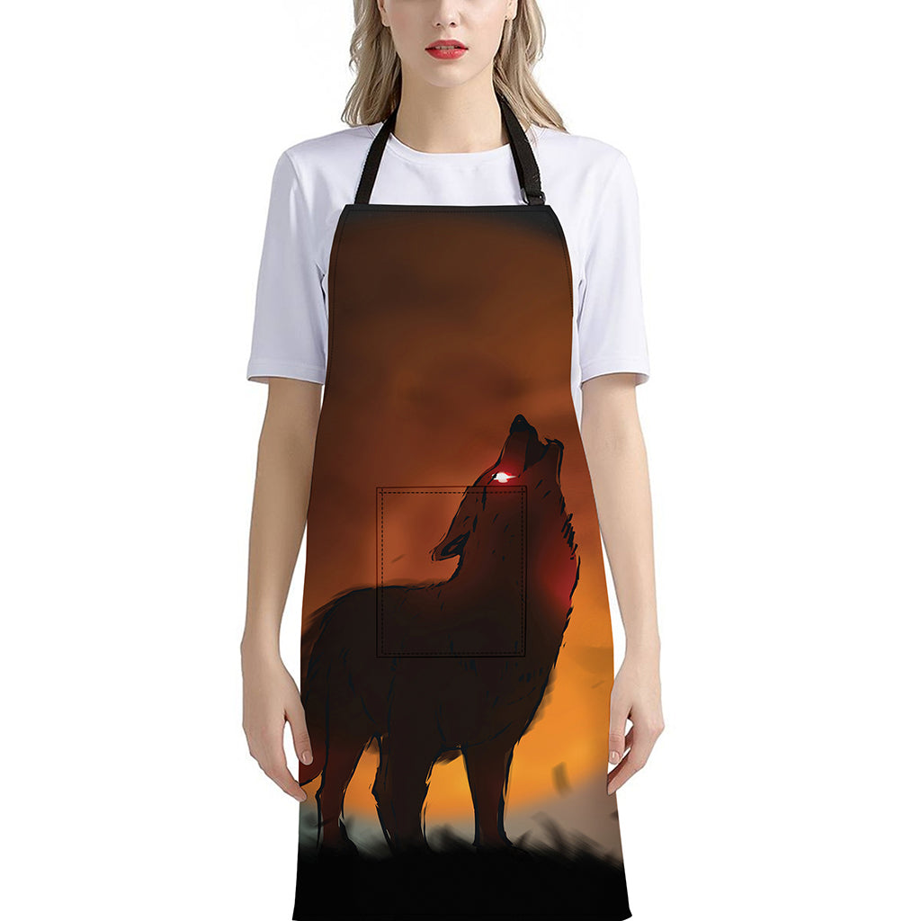 Red Moon Howling Wolf Print Bib Apron With Pocket