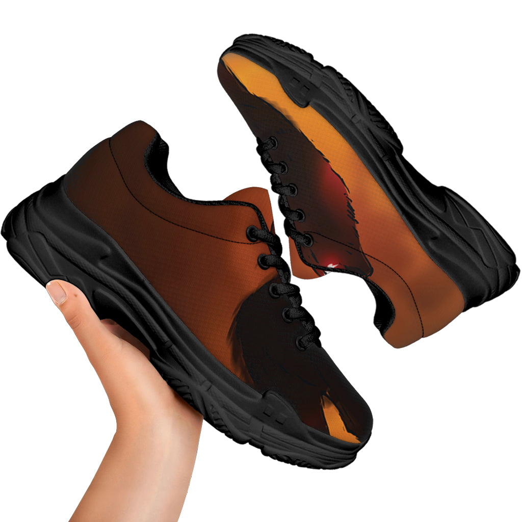 Red Moon Howling Wolf Print Black Chunky Shoes