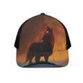 Red Moon Howling Wolf Print Black Mesh Trucker Hat