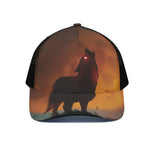 Red Moon Howling Wolf Print Black Mesh Trucker Cap