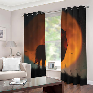 Red Moon Howling Wolf Print Blackout Grommet Curtains