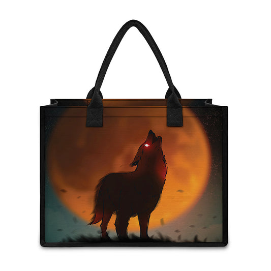 Red Moon Howling Wolf Print Canvas Tote Bag