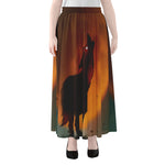 Red Moon Howling Wolf Print Chiffon Maxi Skirt