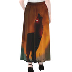 Red Moon Howling Wolf Print Chiffon Maxi Skirt