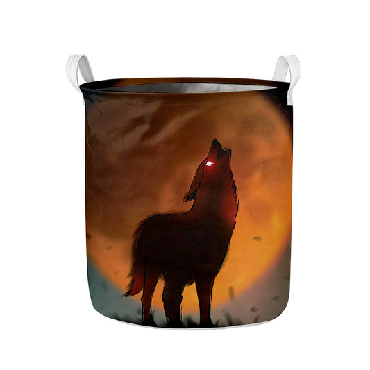 Red Moon Howling Wolf Print Collapsible Laundry Basket