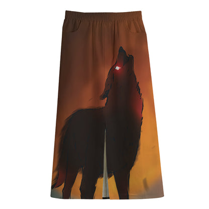 Red Moon Howling Wolf Print Cotton Front Slit Maxi Skirt