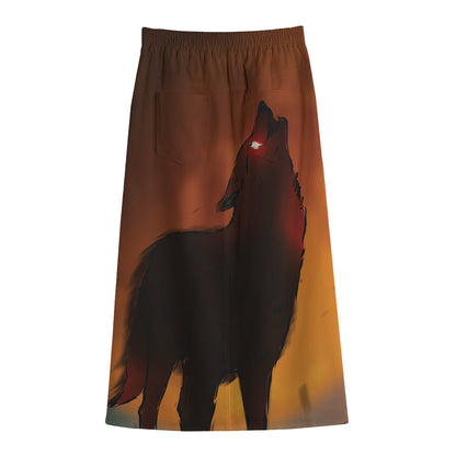 Red Moon Howling Wolf Print Cotton Front Slit Maxi Skirt