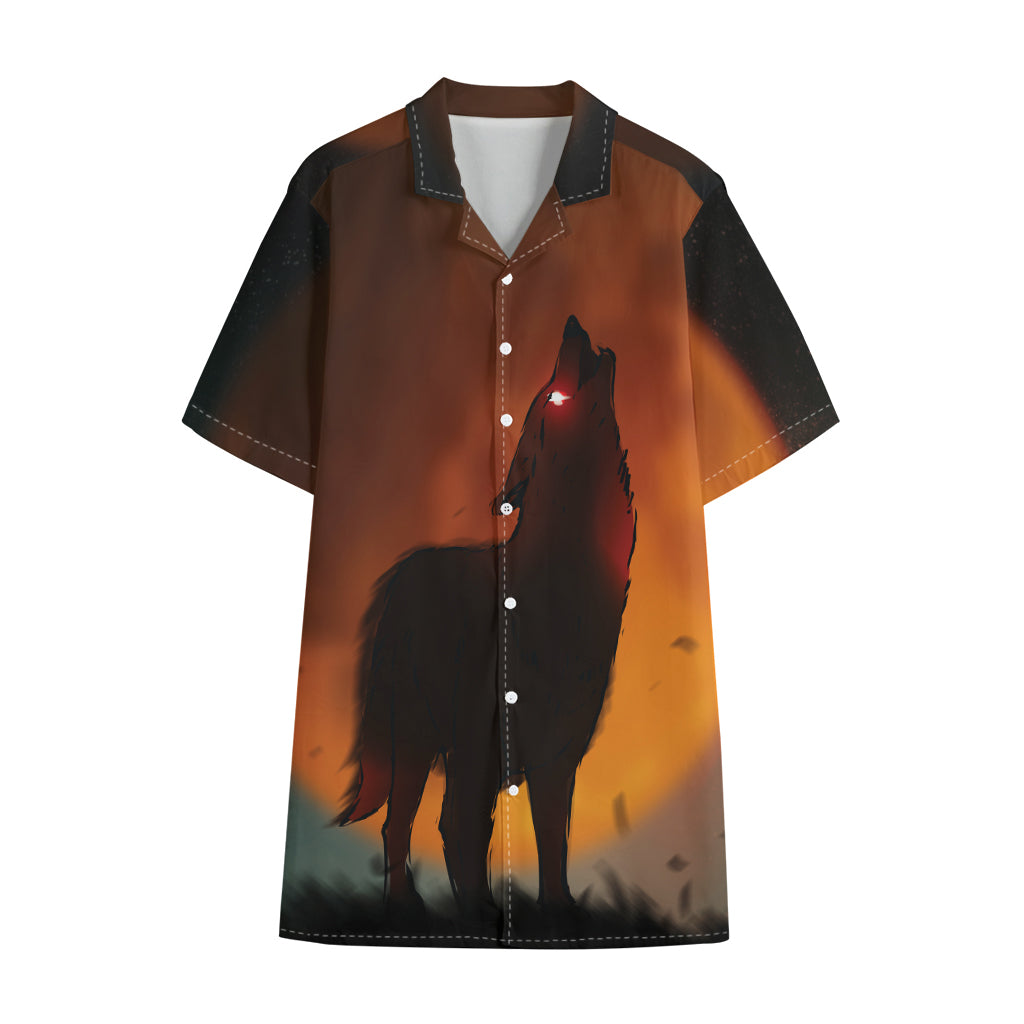 Red Moon Howling Wolf Print Cotton Hawaiian Shirt