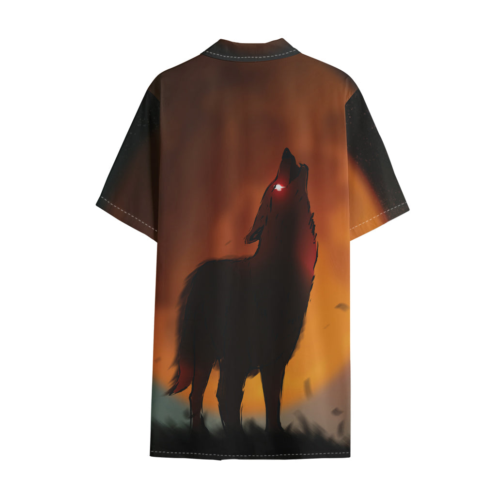 Red Moon Howling Wolf Print Cotton Hawaiian Shirt