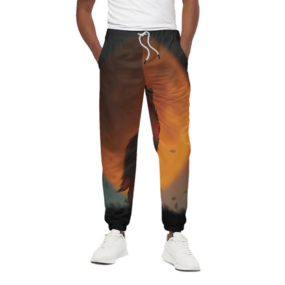 Red Moon Howling Wolf Print Cotton Pants