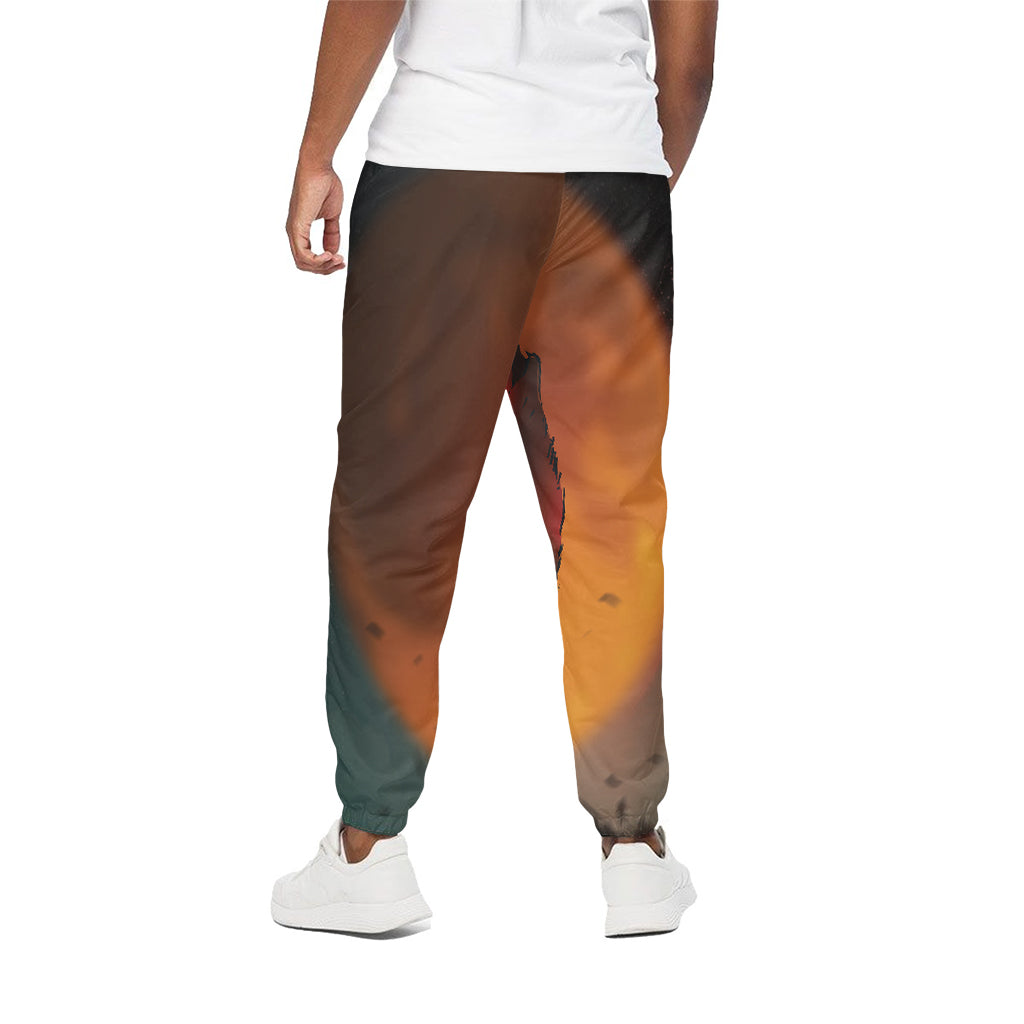 Red Moon Howling Wolf Print Cotton Pants