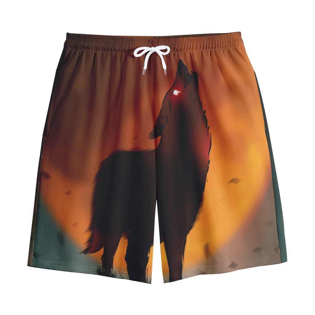Red Moon Howling Wolf Print Cotton Shorts