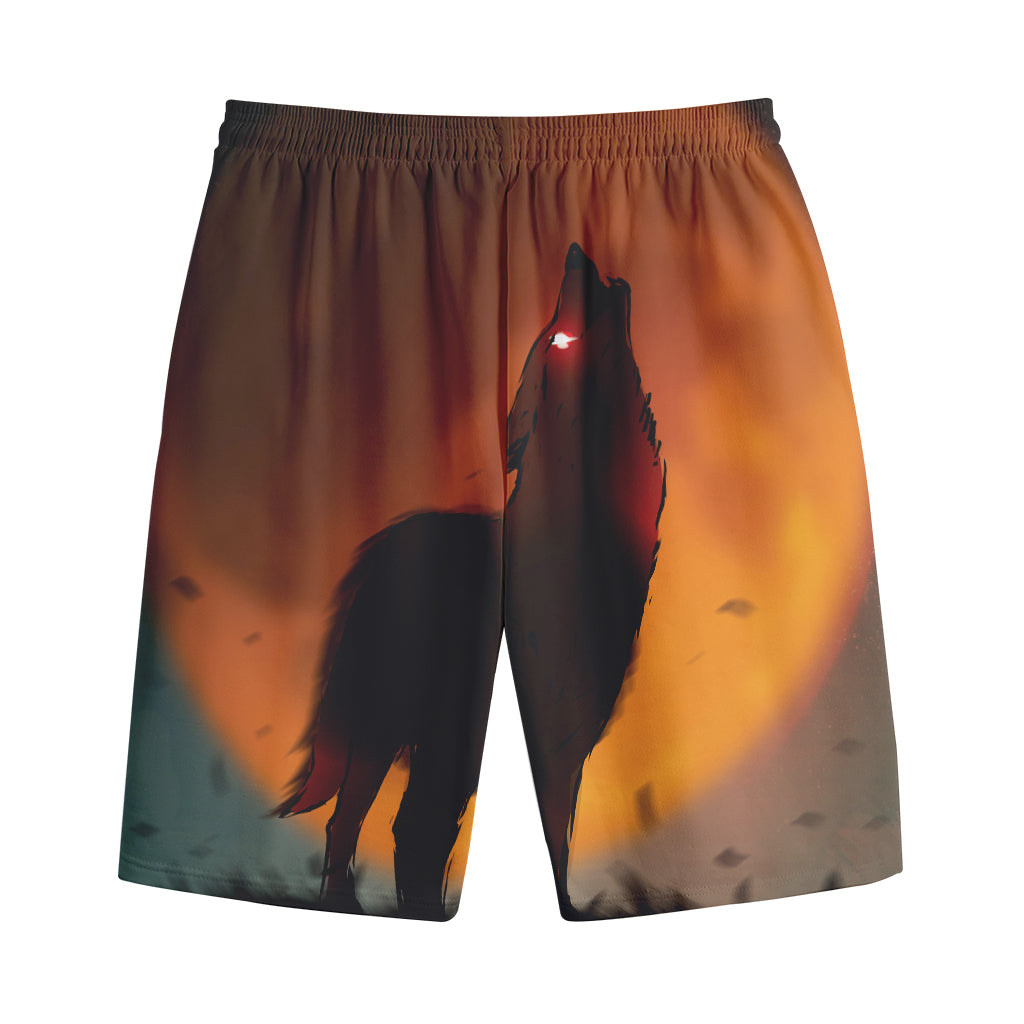 Red Moon Howling Wolf Print Cotton Shorts