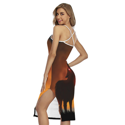 Red Moon Howling Wolf Print Cross Back Cami Dress