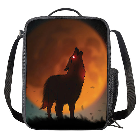Red Moon Howling Wolf Print Crossbody Lunch Bag