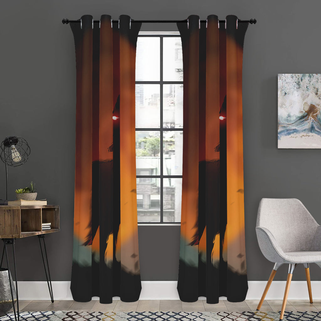 Red Moon Howling Wolf Print Curtain