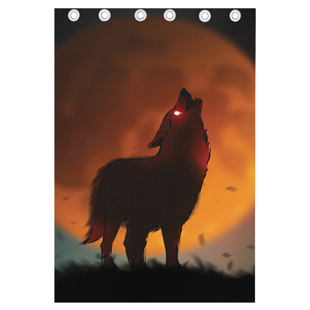 Red Moon Howling Wolf Print Curtain