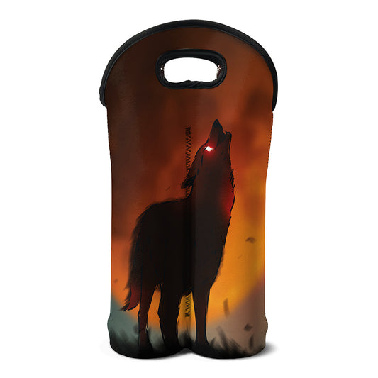 Red Moon Howling Wolf Print Double Neoprene Wine Tote