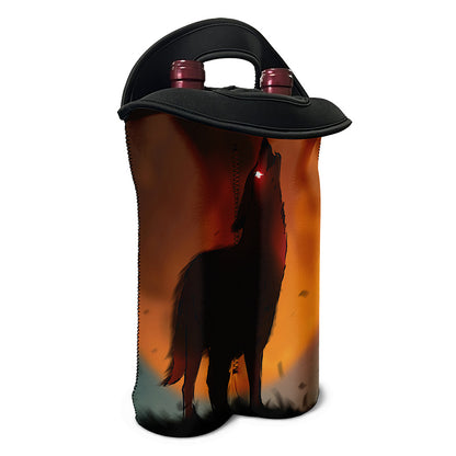 Red Moon Howling Wolf Print Double Neoprene Wine Tote
