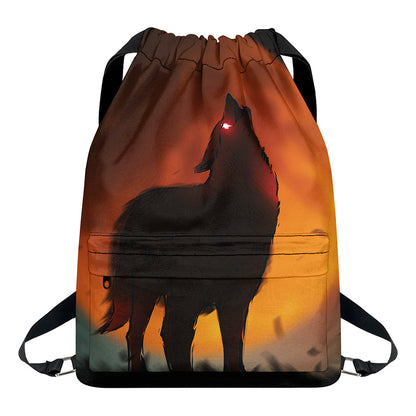 Red Moon Howling Wolf Print Drawstring Backpack
