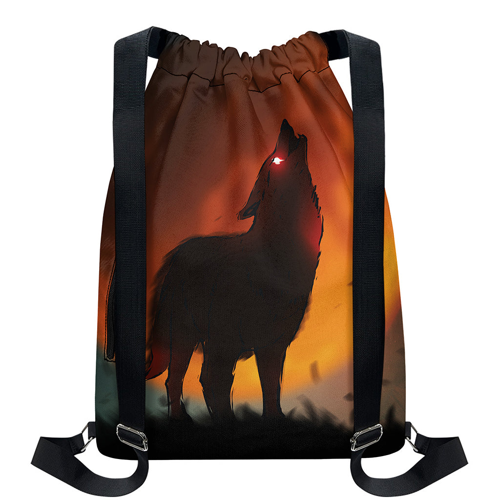 Red Moon Howling Wolf Print Drawstring Backpack
