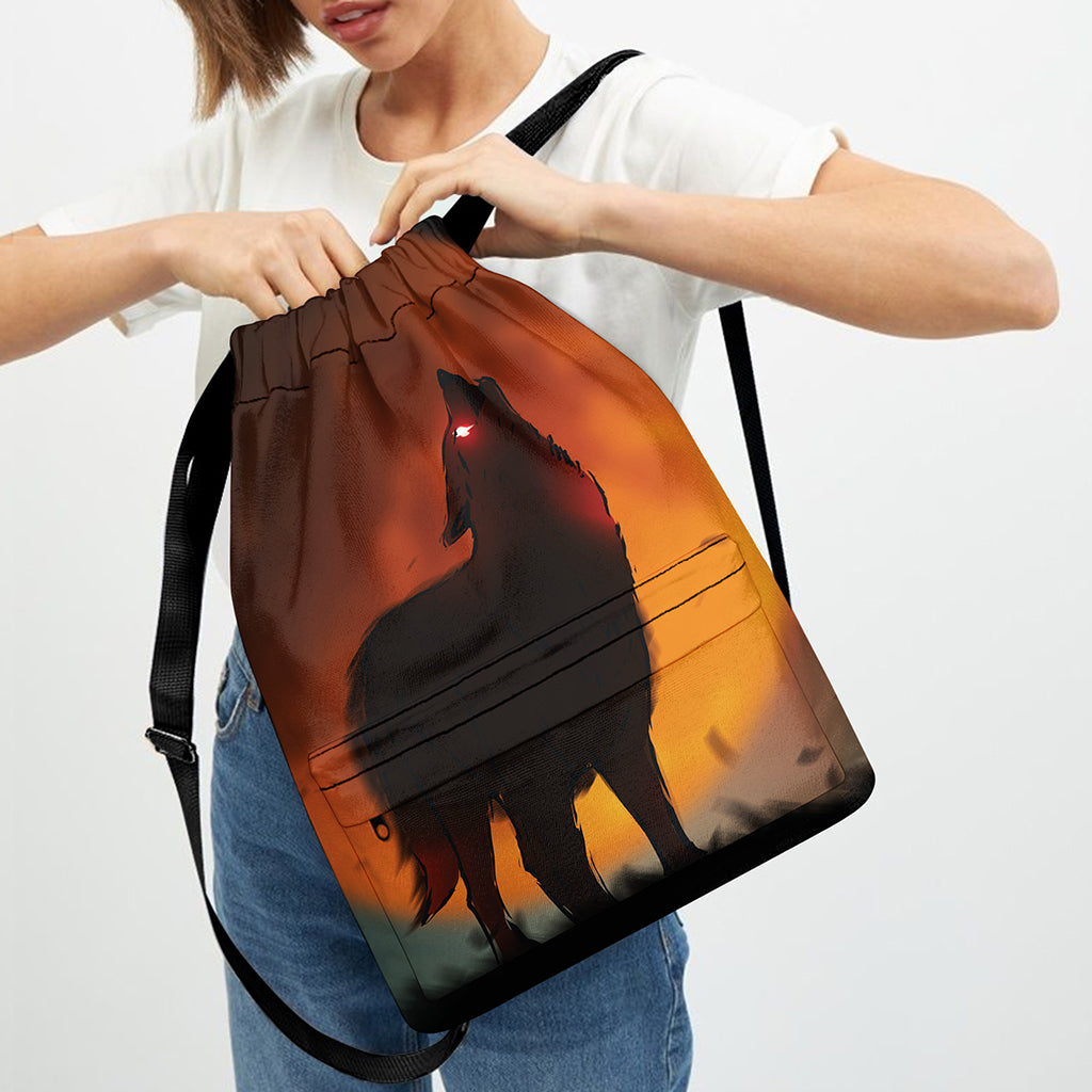 Red Moon Howling Wolf Print Drawstring Backpack