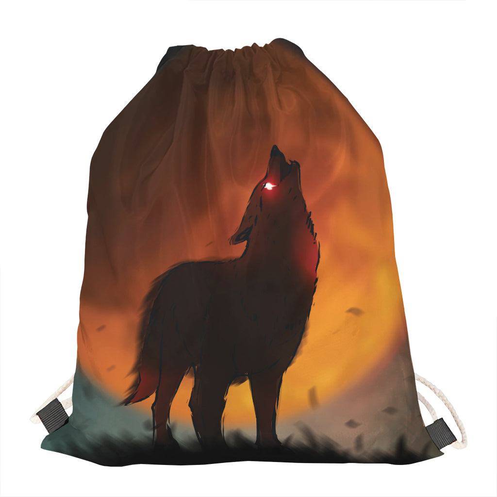 Red Moon Howling Wolf Print Drawstring Bag