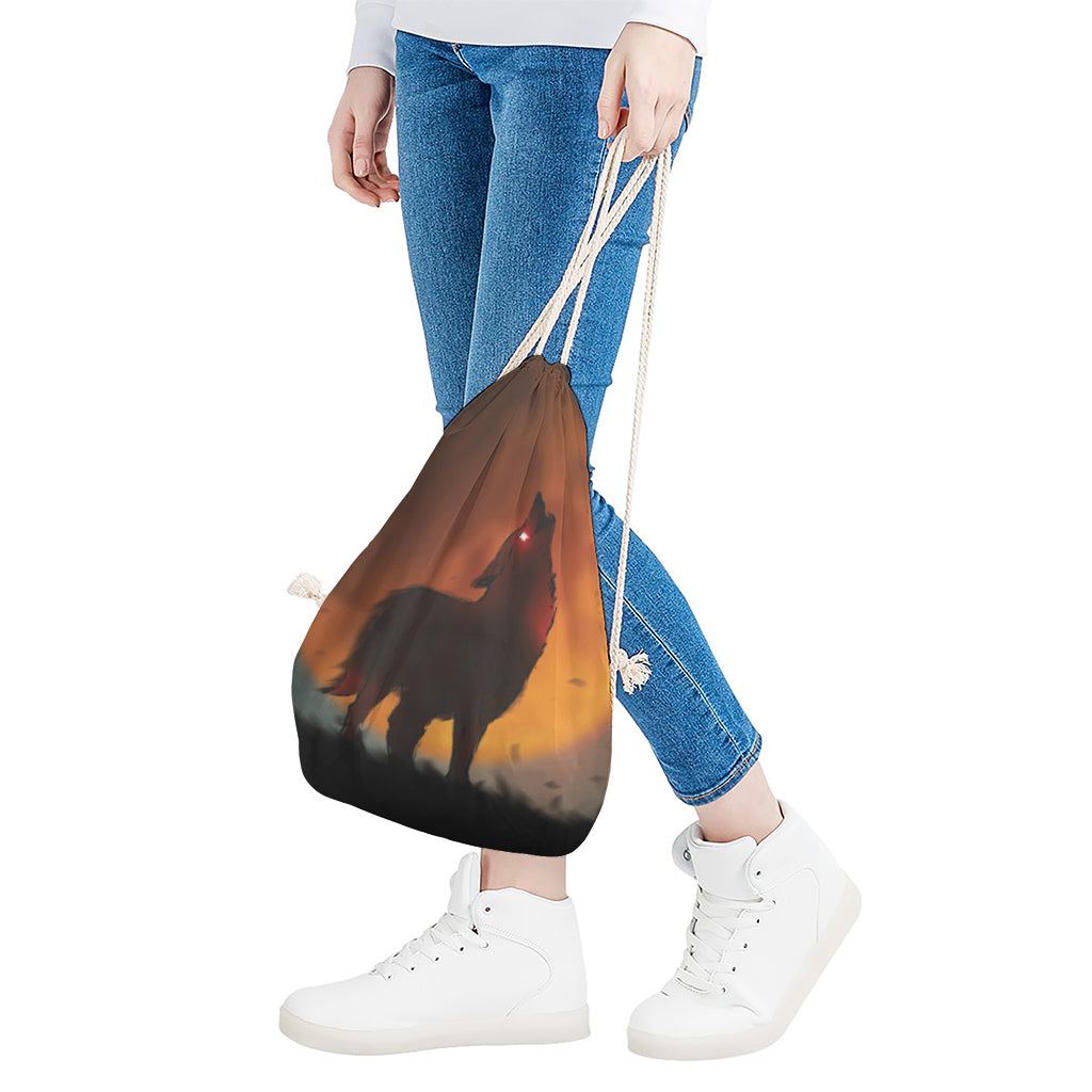 Red Moon Howling Wolf Print Drawstring Bag