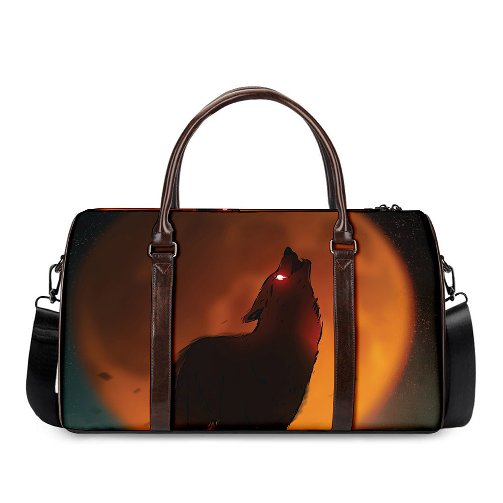 Red Moon Howling Wolf Print Duffle Bag