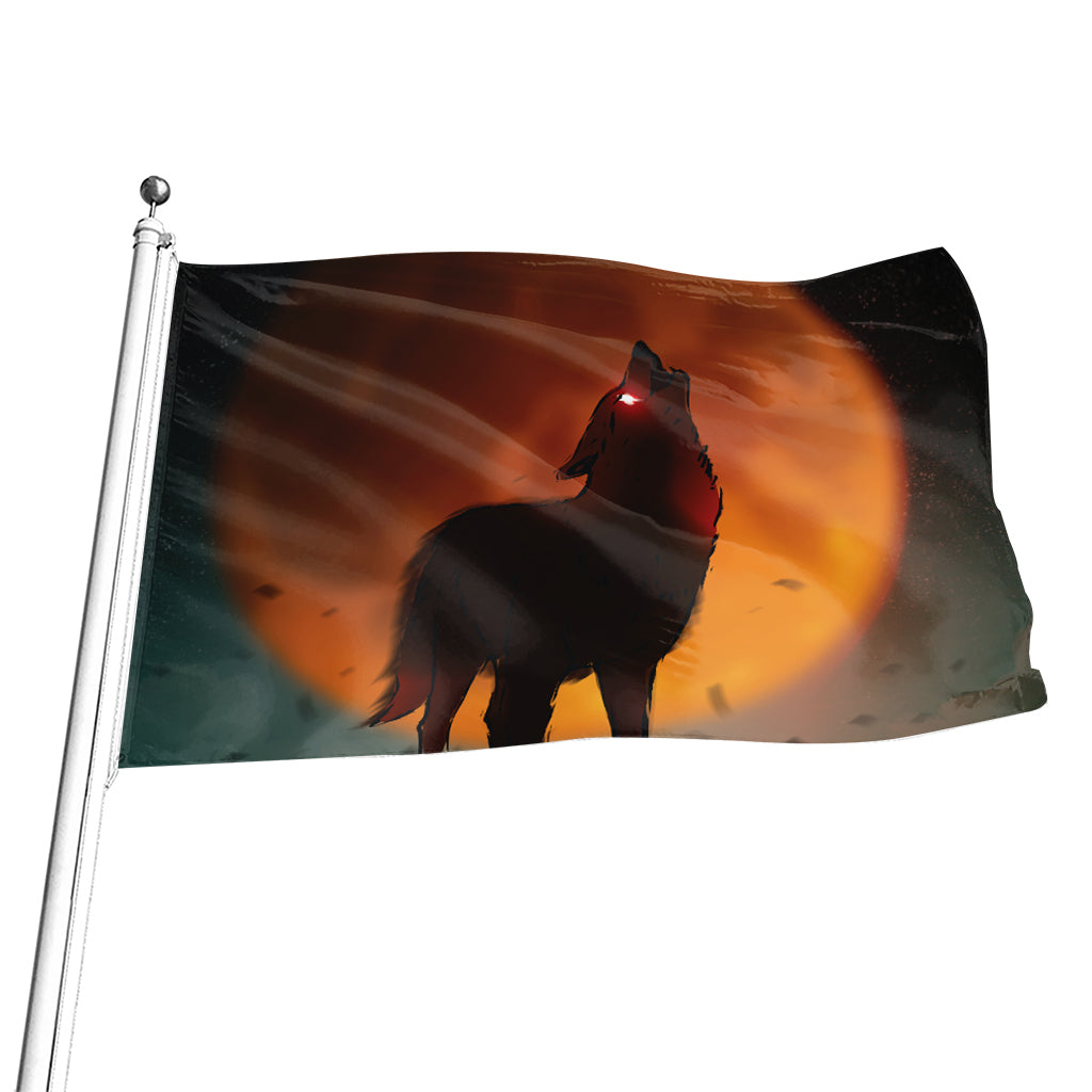 Red Moon Howling Wolf Print Flag