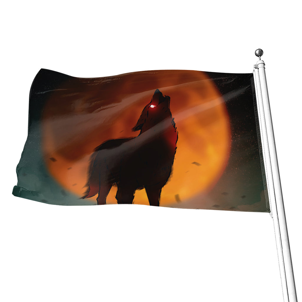 Red Moon Howling Wolf Print Flag