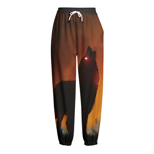Red Moon Howling Wolf Print Fleece Lined Knit Pants