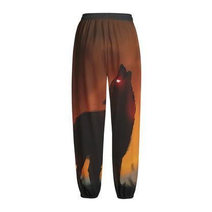Red Moon Howling Wolf Print Fleece Lined Knit Pants