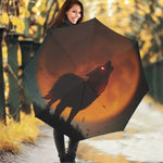 Red Moon Howling Wolf Print Foldable Umbrella