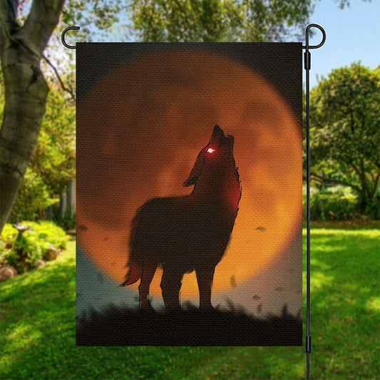 Red Moon Howling Wolf Print Garden Flag