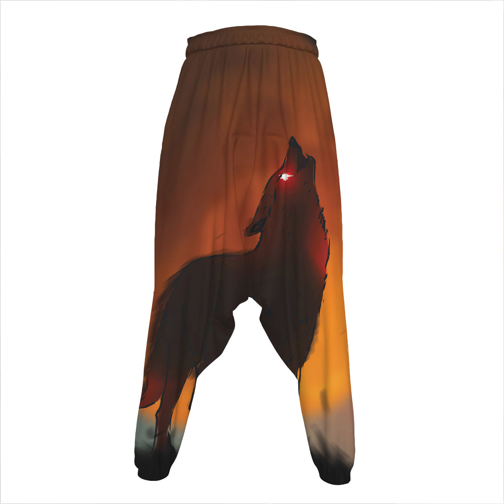 Red Moon Howling Wolf Print Hammer Pants