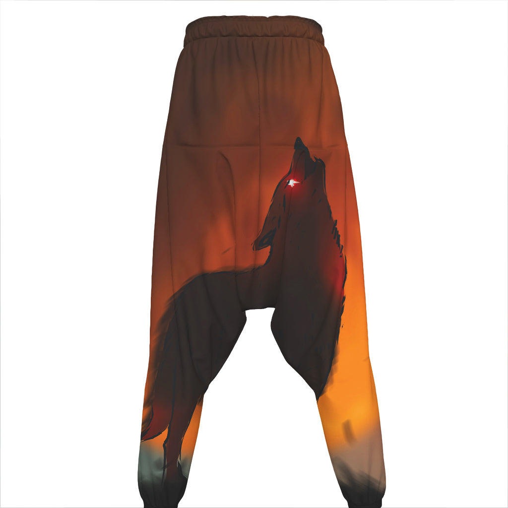 Red Moon Howling Wolf Print Hammer Pants