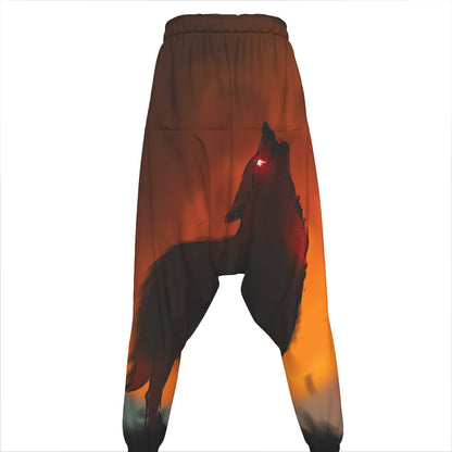 Red Moon Howling Wolf Print Hammer Pants