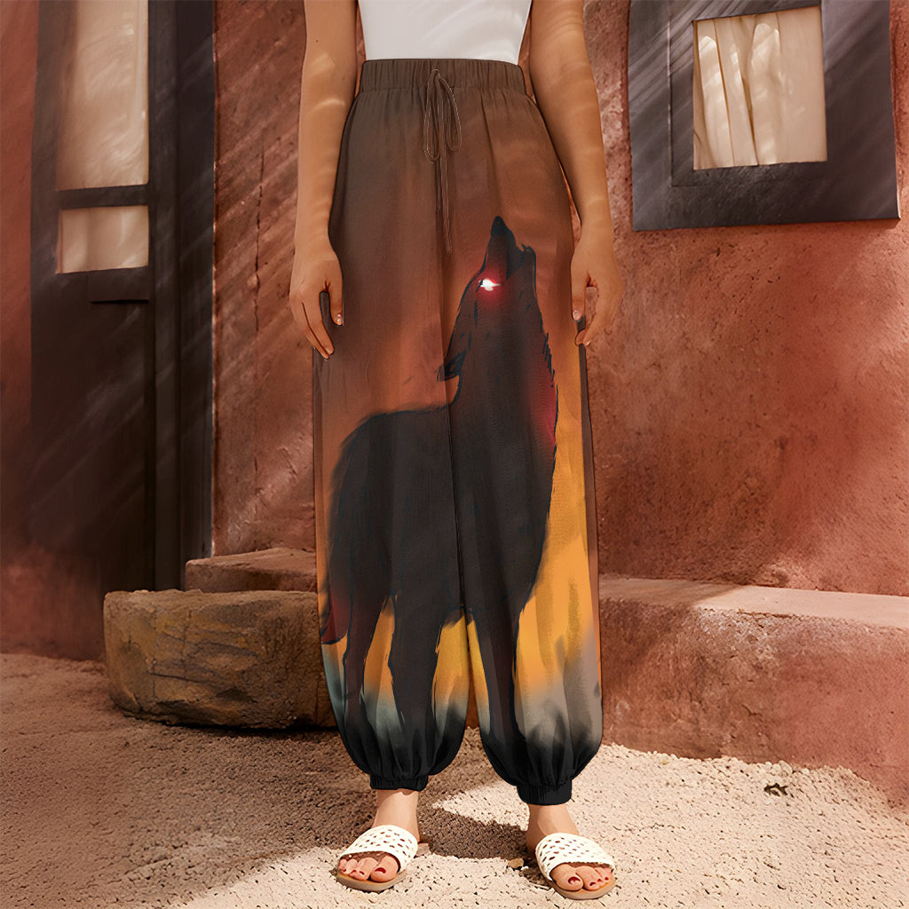 Red Moon Howling Wolf Print Harem Pants