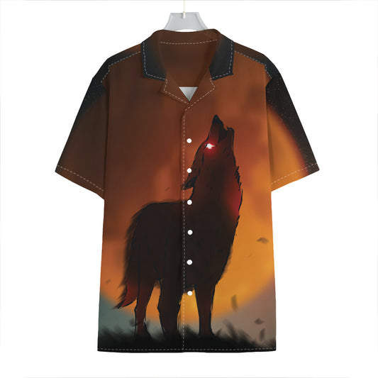 Red Moon Howling Wolf Print Hawaiian Shirt