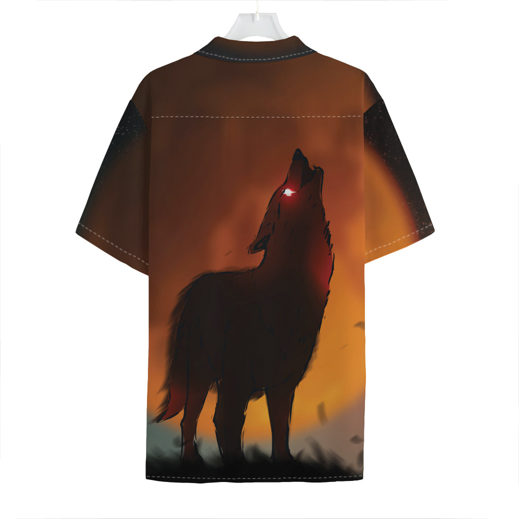 Red Moon Howling Wolf Print Hawaiian Shirt