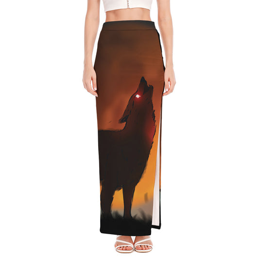 Red Moon Howling Wolf Print High Slit Maxi Skirt