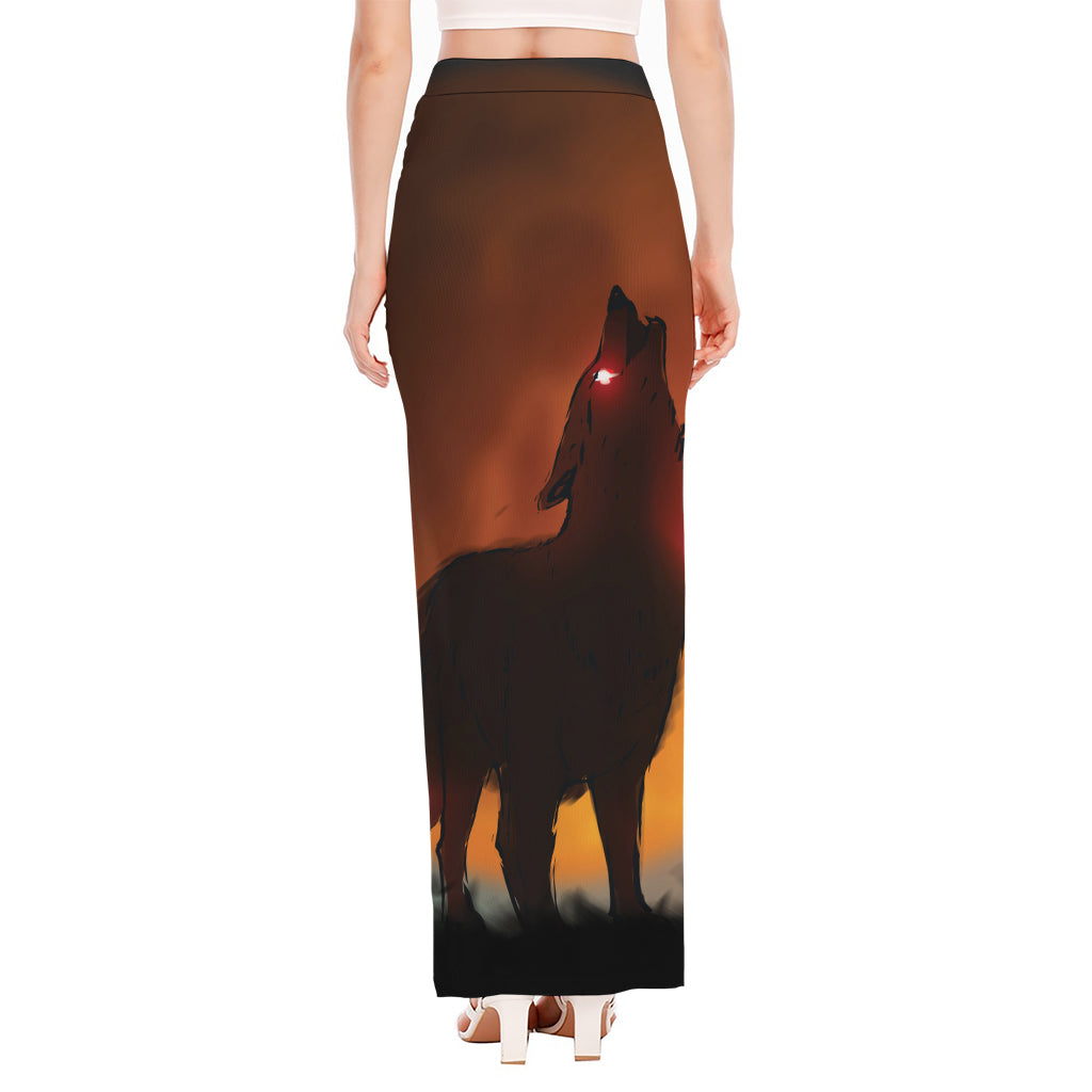 Red Moon Howling Wolf Print High Slit Maxi Skirt