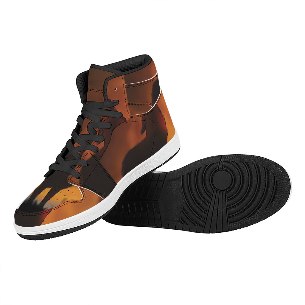 Red Moon Howling Wolf Print High Top Leather Sneakers